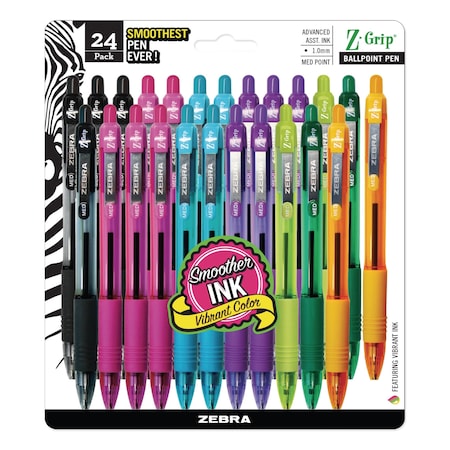 Zebra Pen Z-Grip Ballpoint Pen, Retractable, Medium 1 mm, Assorted Artistic Ink and Barrel Colors, PK24 12271